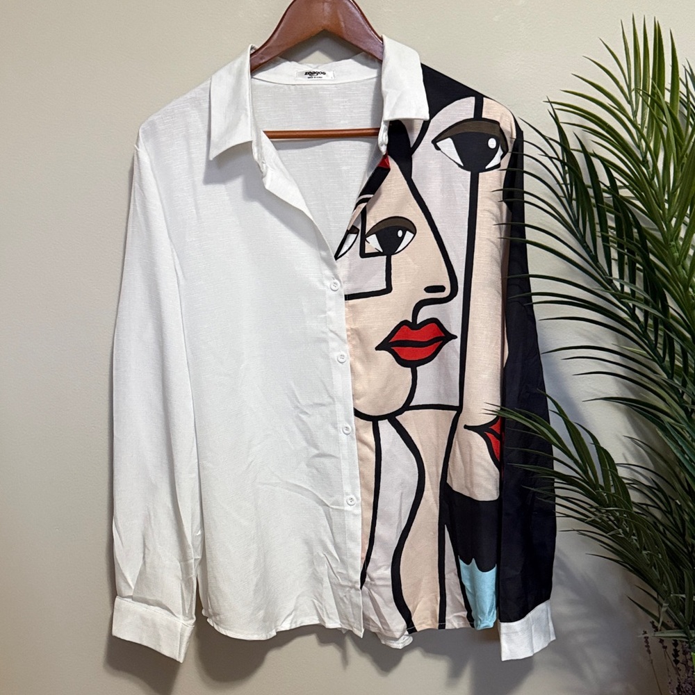 Zeagoo Women's Artistic Face Print Button Down Shirt - White and Black